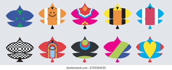 set of Kite isolated on white. Fancy Kites. Rainbow kite flying in sky with clouds. Freedom and summer holiday concept. Colourful Makar Sankranti kites set on isolated background. Editable vector file. Basant Festival Vector Art Vasant