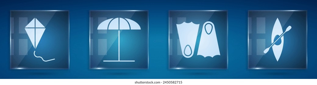 Set Kite, Sun protective umbrella for beach, Rubber flippers and Kayak or canoe and paddle. Square glass panels. Vector