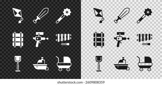 Set Kite, Sword toy, Magic wand, Shovel, Toy boat, Baby stroller, railway and Ray gun icon. Vector