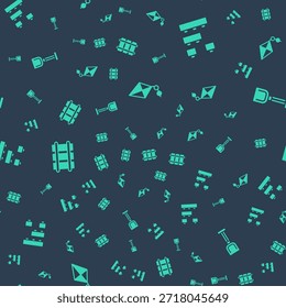 Conjunto de cometa, ladrillos de bloques de construcción de juguete, ferrocarril y pala de juguete en patrón transparente. Vector