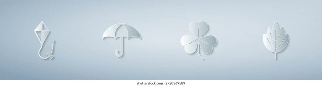 Set Drachen, Regenschirm, Klee und Blatt. Papierkunststil. Vektorgrafik