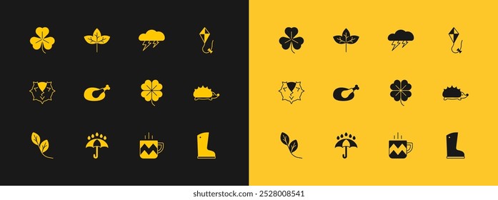 Set Kite, Umbrella and rain drops, Four leaf clover, Cup of tea, Roasted turkey or chicken, Cloud lightning, Clover and Leaf icon. Vector