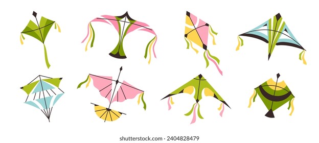 Set of kites, colorful, cartoon kites on a white background