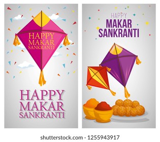 set kites and food to celebrate makar sankranti