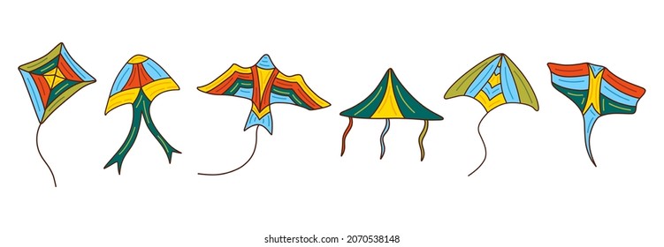 Set of kites. Group of toys flying in air on a string, soaring in sky in wind, different colors and with ribbons. Hand drawn vector isolated illustration clip art. Outdoors entertainment