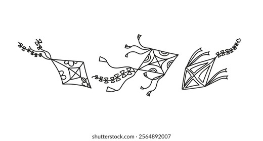 Set Kites. Hand drawn icons, doodles. Kite with ornament and ribbons flying in the sky. Line drawing, sketch on white isolated background.