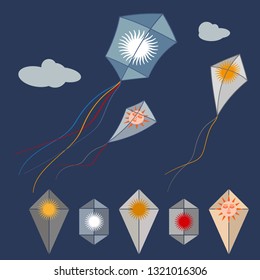 Set of kites in the sky. Different shapes of kites with suns. Vector illustration.