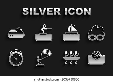 Set Kitesurfing, Glasses for swimming, Water polo, Canoe rowing team sports, Stopwatch, Yacht sailboat, Jet ski and skiing man icon. Vector