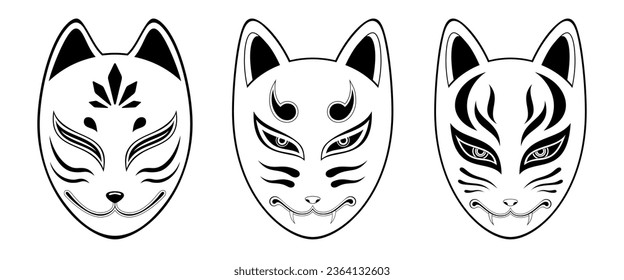 Set of Kitsune fox mask vector illustration, isolated on white background. Japanese traditional mask. Traditional japanese demon. Tattoo print. Black and white illustration.