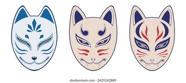 Conjunto de máscaras de zorro Kitsune ilustración vectorial, aislado sobre fondo blanco. Máscara tradicional japonesa. Tradicional demonio japonés. Estampado de tatuajes. Ilustración de color.