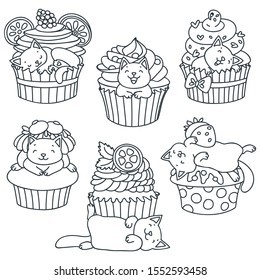 Set of kittens and cupcakes. Back and white doodle illustration of a cute little kittens with cupcakes isolated on white. Vector 8 EPS.