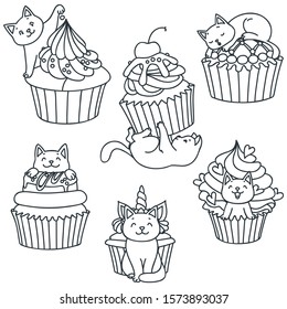 Set of kittens and cupcakes. Back and white doodle illustration of a cute little kittens with cupcakes isolated on white. Vector 8 EPS.