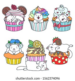 Set of kittens and cupcakes. Doodle illustration of a cute little kittens with cupcakes isolated on white. Vector 8 EPS.