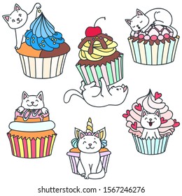 Set of kittens and cupcakes. Doodle illustration of a cute little kittens playing with cupcakes isolated on white background. Vector 8 EPS.