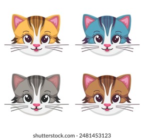 A set of kittens head icons. Different colors. Cute kitten. Children's cute character. Printable stickers. Flat design. Isolated on white background. Vector