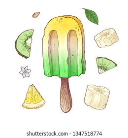 Set of kiwi banana lemon ice cream. Vector illustration. Hand drawing