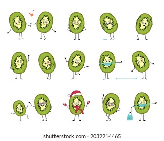 Set of kiwi characters with emotions, face, arms and legs. Cheerful or sad exotic fruit falls in love, keeps distance in a mask, dances in a Santa hat