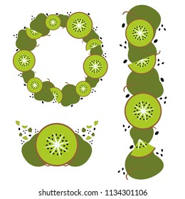 Set of Kiwi Compositions in Flat Design which Consists of Wreath, Boutonniere and Ornament, and Can Be Used for Wedding Invitations, Greeting Cards, Etc.