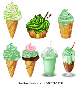 set of kiwi desserts on white background