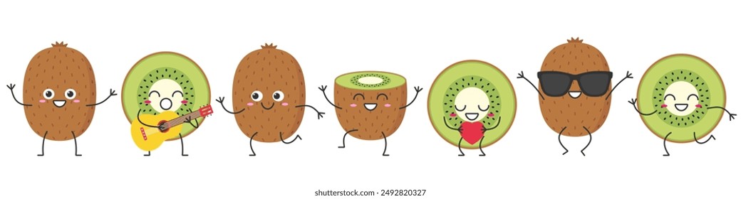 Set kiwi fruit character cartoon greeting jumping loves sings running cute funny smiling face happy joy emotions icon vector illustration.