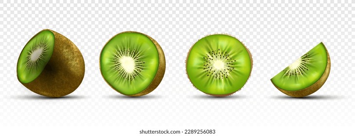 Set of kiwi. Fruit halves on copy space. Healthy and tasty eating. Vegetarian diet and health care. Summer season symbol. Realistic 3D vector illustrations isolated on transparent background