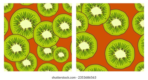 Montaje de frutas kiwi.Diseño moderno y luminoso, frutas exóticas con fondo naranja. Frutas verdes frescas y jugosas. Ilustración vectorial para fondos de escritorio, textiles, web, aplicación, portátiles, estuche, papel envolvente