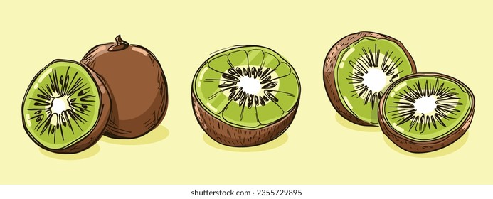 Conjunto de fruto de Kiwi, Ilustración vectorial en un estilo de boceto de línea, boceto plano a mano, fruta colorida con sombra y luz, aislada en fondo de color.