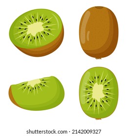 Conjunto de kiwi con hojas verdes aisladas en fondo blanco. Ilustración vectorial plana