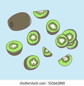 set kiwi hand drawn on light blue background