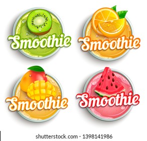 Set of kiwi, orange,mango,watermelon fresh smoothie logo. Healthy juicy vitamin drink for diet or vegan, homemade refreshing fruit beverage.Template for brand,label,emblem,store,packaging,advertising.