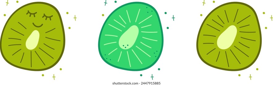 Set of kiwi slice isolated on white. Vector illustration in doodle style. Cute flat style. Green kiwi with kawaii eyes.Funny hand draw fruit piece.