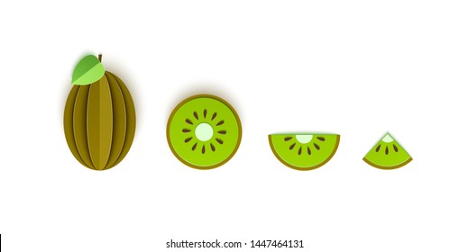 Conjunto de cítricos de papel kiwi cortados en rodajas triangulares enteras y redondas, diseño para cualquier propósito. Cocina jugosa verde de kiwis de verano. Ilustración 3d de tarjeta vectorial. Láminas tropicales de papelería frutales