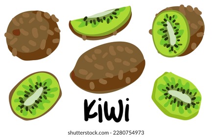 A set of Kiwis in different versions is whole and in section. Kiwi chopped, half. Peel kiwi, green fruits. Tropical fruits, kiwi snacks or vegetarian meals. Icon set isolated vector illustrations