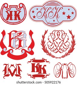 Set of KK monograms and decorative emblem templates with two letters KK. Vector collection.