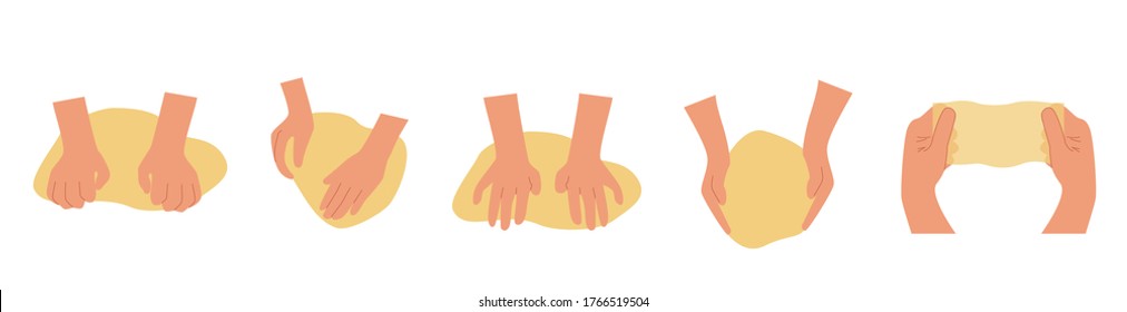 Set of kneading dough hands. Homemade bakery. Making sourdough bread. Instruction for baking recipe. Flat vector cartoon illustration isolated on white background for cookbook or cooking blog. 