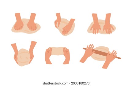 Set of kneading dough hands. Homemade bakery. Making sourdough bread. Instruction for baking recipe. Flat vector cartoon illustration isolated on white background for cookbook or cooking blog.