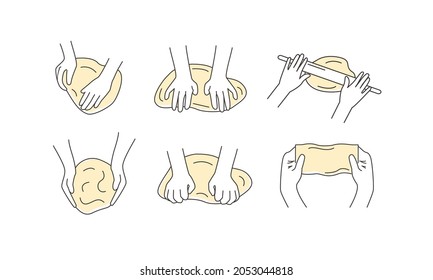 Set of kneading dough hands. Homemade bakery. Making sourdough bread. Instruction for baking recipe. Flat vector hand drawn doodle style isolated on white illustration for cookbook or cooking blog.