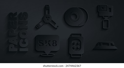 Set Knee Pads, Action-Kamera, Skateboard, Treppe mit Schiene, Rad und Y-Tool-Symbol. Vektorgrafik