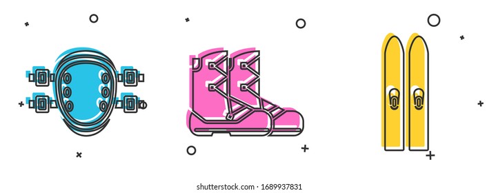 Set Knee pads, Boots and Ski and sticks icon. Vector