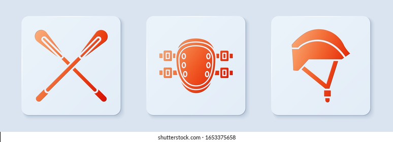 Set Knee pads, Crossed paddle and Bicycle helmet. White square button. Vector
