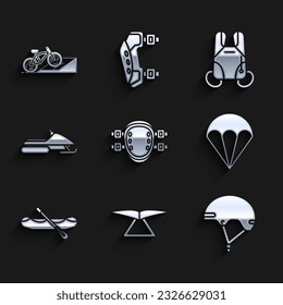 Set Knee pads, Hang glider, Helmet, Parachute, Rafting boat, Snowmobile,  and Bicycle on street ramp icon. Vector