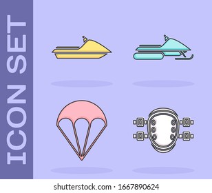 Set Knee pads, Jet ski, Parachute and Snowmobile icon. Vector