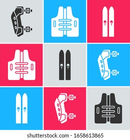Set Knee pads, Life jacket and Ski and sticks icon. Vector