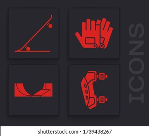 Set Knee pads, Skateboard, Gloves and Skate park icon. Vector