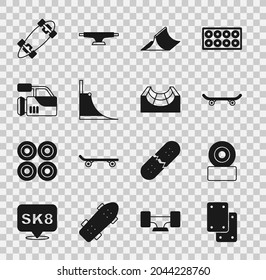 Set Knee pads, Skateboard wheel, park, Cinema camera, Longboard or skateboard and  icon. Vector