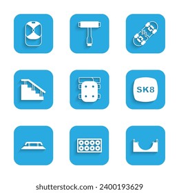 Set Knee pads, Skateboard wheel, park, stairs with rail, Broken skateboard and Baseball cap icon. Vector