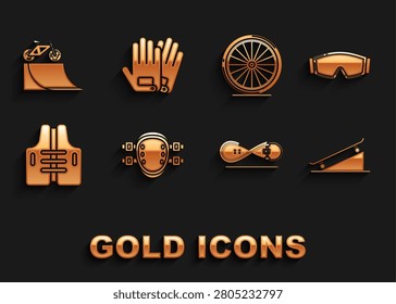 Set Knee pads, Ski goggles, Skateboard on street ramp, trick, Life jacket, Bicycle wheel,  and Gloves icon. Vector