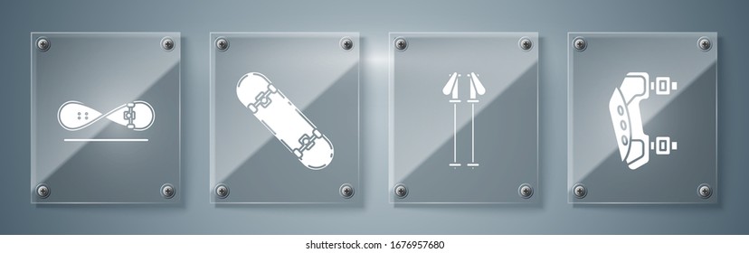 Set Knee pads, Ski poles, Skateboard trick and Skateboard trick. Square glass panels. Vector