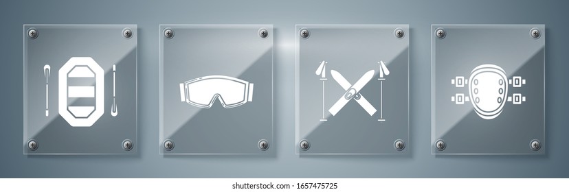 Set Knee pads, Ski and sticks, Ski goggles and Rafting boat. Square glass panels. Vector