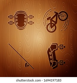 Set Knee pads, Knee pads, Surfboard and Bicycle trick on wooden background. Vector